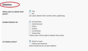 User profile tab posts deletion settings with BuddyBlog Pro